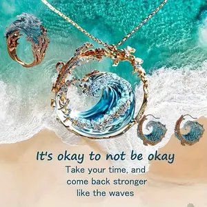 3-Piece Ocean Oath Women's Jewelry Set, Fashionable Bohemian Blue Wave Necklace/Earrings/Rings Suitable for Daily Dating, Valentine's Day Gifts, etc