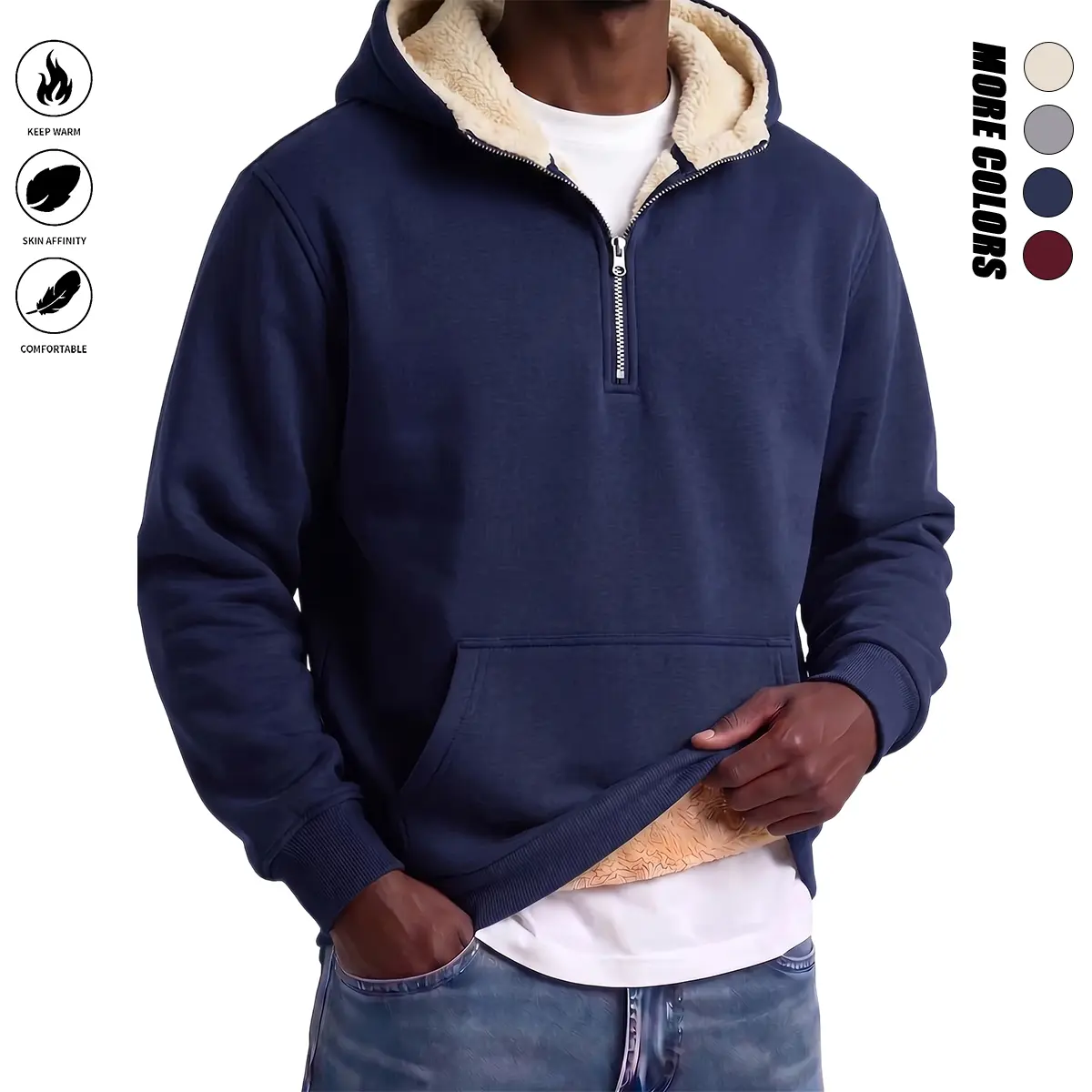 Unisex Hooded Half-Zip Menswear Tops, Thick Fleece Long Sleeve Sweatshirt, Soft Breathable Casual Loose Fit, Stand Collar When Unzipped, Front Kangaroo Pockets, for Outdoor Walk & Home Lounge - Snug Edgy