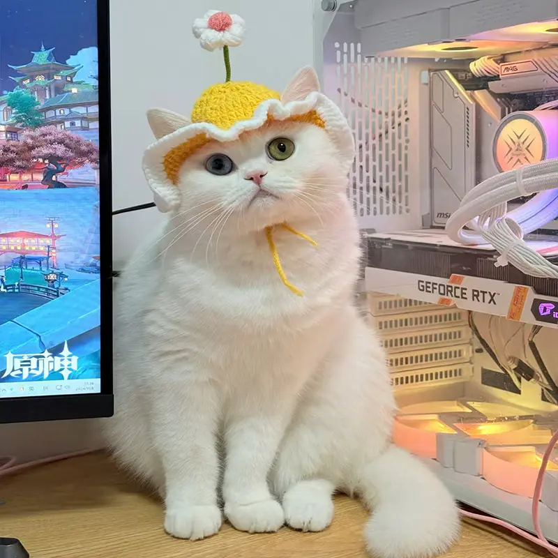 1pcs Cat Hat Stretchy Cute Delicate Pet Hat Puppy Kitten Knitted Hat with Ruffles and Floral Decoration - Soft Material for Medium Size Cats 6-16lbs , Party Photo Shoot Prop Decoration Cat Accessories