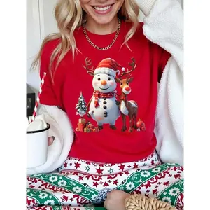 Christmas Women Casual T Shirt Cartoon Snowman Reindeer Christmas Tree Print Female Short Sleeve T-Shirt Urban Style Printed