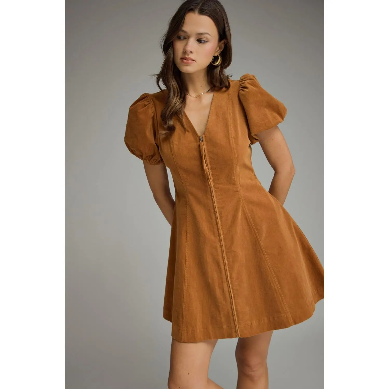 Camel Puff Sleeve Zip-Front Mini Dress