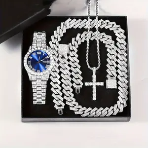 Men's Punk Style Rhinestone Decor Watch &Bracelet & Adjustable Cross Charm Necklace &Cuban Necklace,Exquisite Trendy Watch Set AsGift with Box