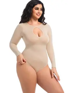 Women's Skin Tone Jumpsuit, Waist Cinching Butt Lifting Bodysuit, Strong Shaping Long Sleeve Compression Garment, Seamless Body Shaper