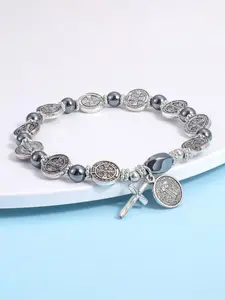 Vintage Agate Beaded Bracelet, Handmade Elastic String, Fashion Casual Unisex Jewelry, Cross Pendant Charm, High Quality Bracelet, Premium Bracelet, Exquisite Bracelet