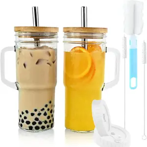 24oz Glass Tumblers with Lids and Straws - 2 Pack Reusable Glass Cups with Handle, BPA-Free Splash-Proof Lids, Stainless Steel Straws for Cold & Hot Drinks, Iced Coffee, Smoothies, Tea, Boba - Travel-Friendly Glass Coffee Cups, Dishwasher Safe, Durable Cl