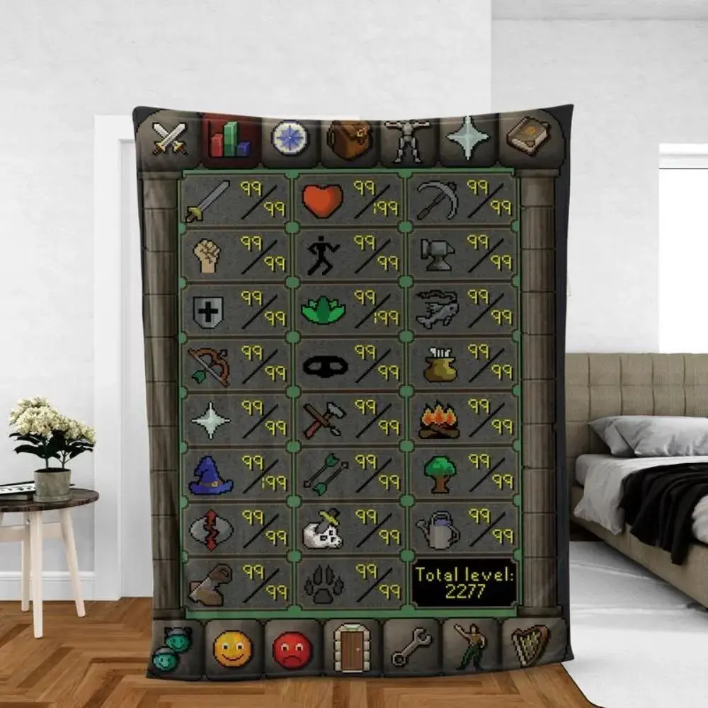 Retro Fantasy Game Stats Graphic Flannel Throw Blanket, Soft All Season Cozy Throw for Gaming Room, Dorm, Office Naps & Sofa, Vintage Adventure Art Home Decor, Perfect Holiday Birthday Gift for Gamers