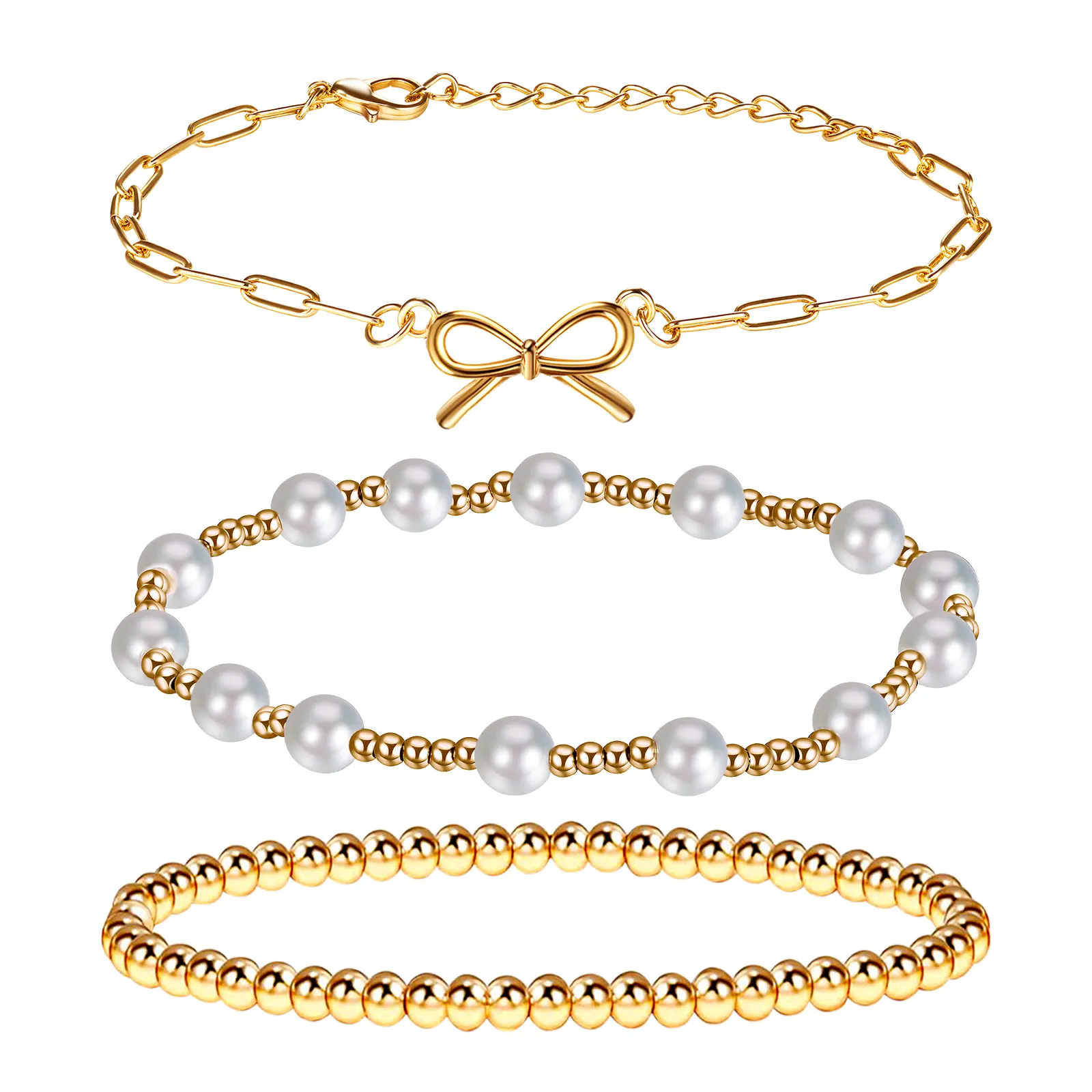 OIDEA Women's 3-Piece Stackable Bracelet Sets - 14K Gold Zinc Alloy Beaded Chains with Bow Motif & Pearls, Exquisite Bracelet for Elegant Daily Wear summerwins