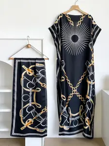 Moo Moo Long Dress Set with Colorful Chain Design, Printed Robe Hooded Scarf + Long Silk Tie, Women's Beach Sun Protection, Beachwear