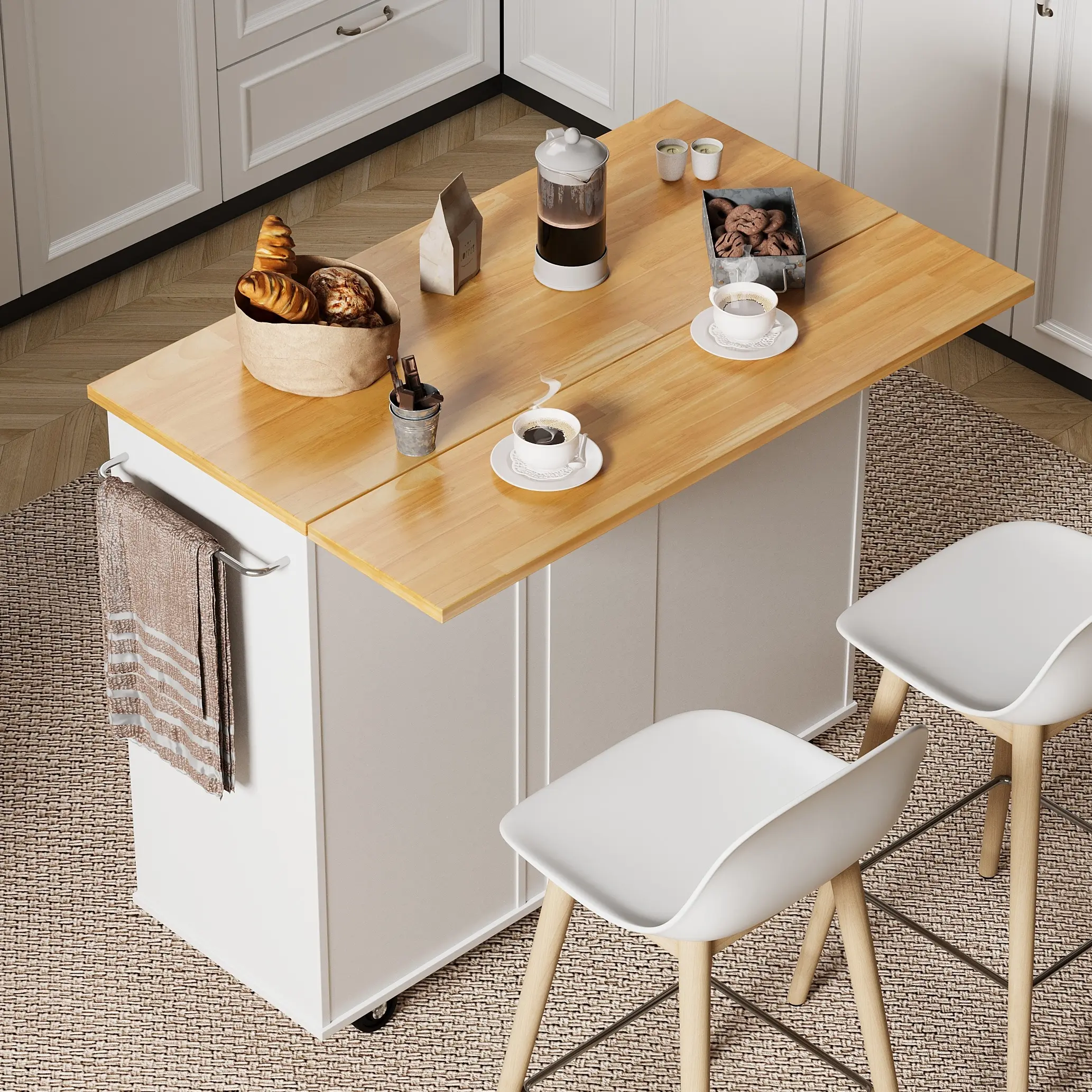 Walsunny Rolling Kitchen Island with Foldable Drop Leaf,  Adjustable Organiser Storage Cabinet with Cart Handle for Towel Rack, Portable Island, White