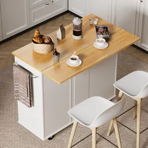 Walsunny Rolling Kitchen Island with Foldable Drop Leaf,  Adjustable Organiser Storage Cabinet with Cart Handle for Towel Rack, Portable Island, White