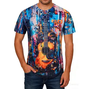 Unisex Colorful Music Graphic T-Shirt with Acoustic Guitar & Vinyl Records, Abstract Graffiti Art Design for Music Festivals, Casual Daily Wear, Ideal for Music Lovers & Streetwear Enthusiasts