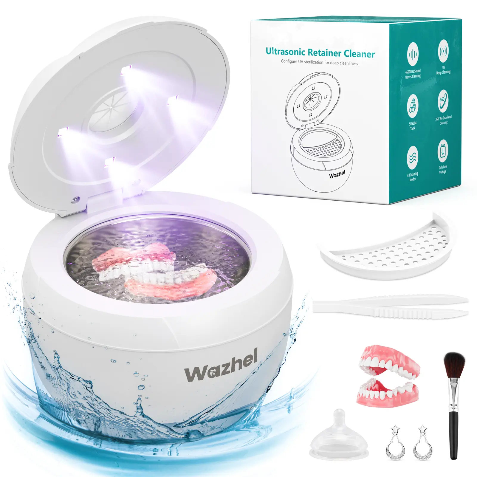 Wazhel Ultrasonic Cleaner for Retainer with UV Light – 45kHz Cleaning Machine for Dentures, Night Guards, Aligners, Toothbrush Heads, Jewelry, Pacifiers & Makeup Brushes – 4 Modes, Digital Timer&200ml Tank