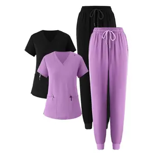 4-piece Set Women's Plus Size Medical Uniform - Elastic Breathable Medical Scrubs, Includes V-neck Short Sleeve Top and Drawstring Pants, Functional Pockets - Machine Washable, Durable, Suitable for Medical Professionals, Plus Size Set