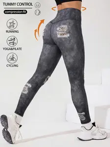 Women's Casual Sporty Yoga Pants, High Waisted Butt Lifting Tight Fit, Faux Denim Ripped Pocket Print, Ideal for Daily Wear, Gym, Yoga