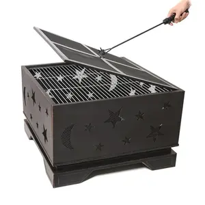 26" Square Wood Burning Fire Pit with BBQ Grill & Poker - Large Outdoor Portable Bonfire Pit for Backyard, Patio, Camping, Garden, Picnic Barbecue Box Heavy Duty Outdoor Propane Stove Modern Exterior