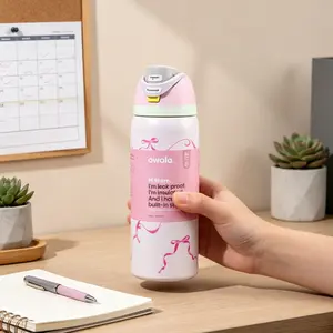Owala 32oz Pink Ribbon Print Insulated Bottle Leak-Proof with Built-in Straw for Daily Use & Desk Decor Portable Tumbler Flask Drinkware - Bottled life easy drinking design large cup holiday water