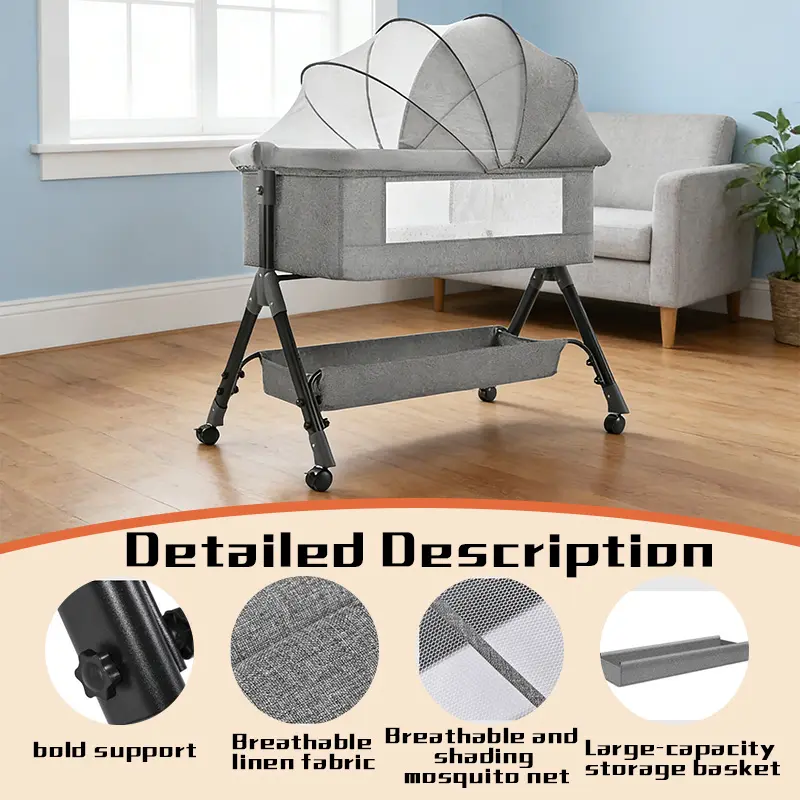 Bassinet Bedside Sleeper, Baby Crib for Newborn, Baby Bassinets Bedside Sleeper with 4 Auto-Lock & Adjustable Height, Breathable Mesh & Mattress, Bedside Bassinet