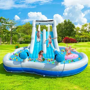 Inflatable Water Slide with Dual Slides & Large Splash Pool, 6-in-1 Backyard Water Park with Water Cannons, Arched Sprinkler, Includes 550W Blower（17.7 * 12 * 6.89FT）