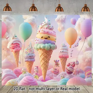 2D Flat, Whimsical Ice Cream Scene Birthday Party Banner - Vibrant 2D Flat Photo Backdrop with Pastel Balloons, Cupcakes & Clouds, Polyester Decorative Party Supplies for Photo Booths, Indoor/Outdoor Use, Birthday Party Decorations Ornaments White