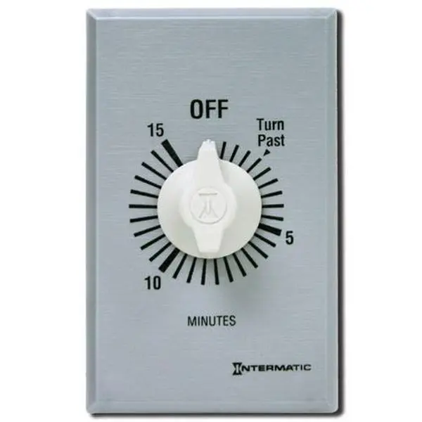 Intermatic FF15MC 15-Min Spring Wound Countdown Wall Switch Timer - Brushed Metal, Basic, Easy-Install, Energy-Saving, Rectangular Single Unit, Lightweight, Decorative Line-Voltage Mechanical Timer for Home Use
