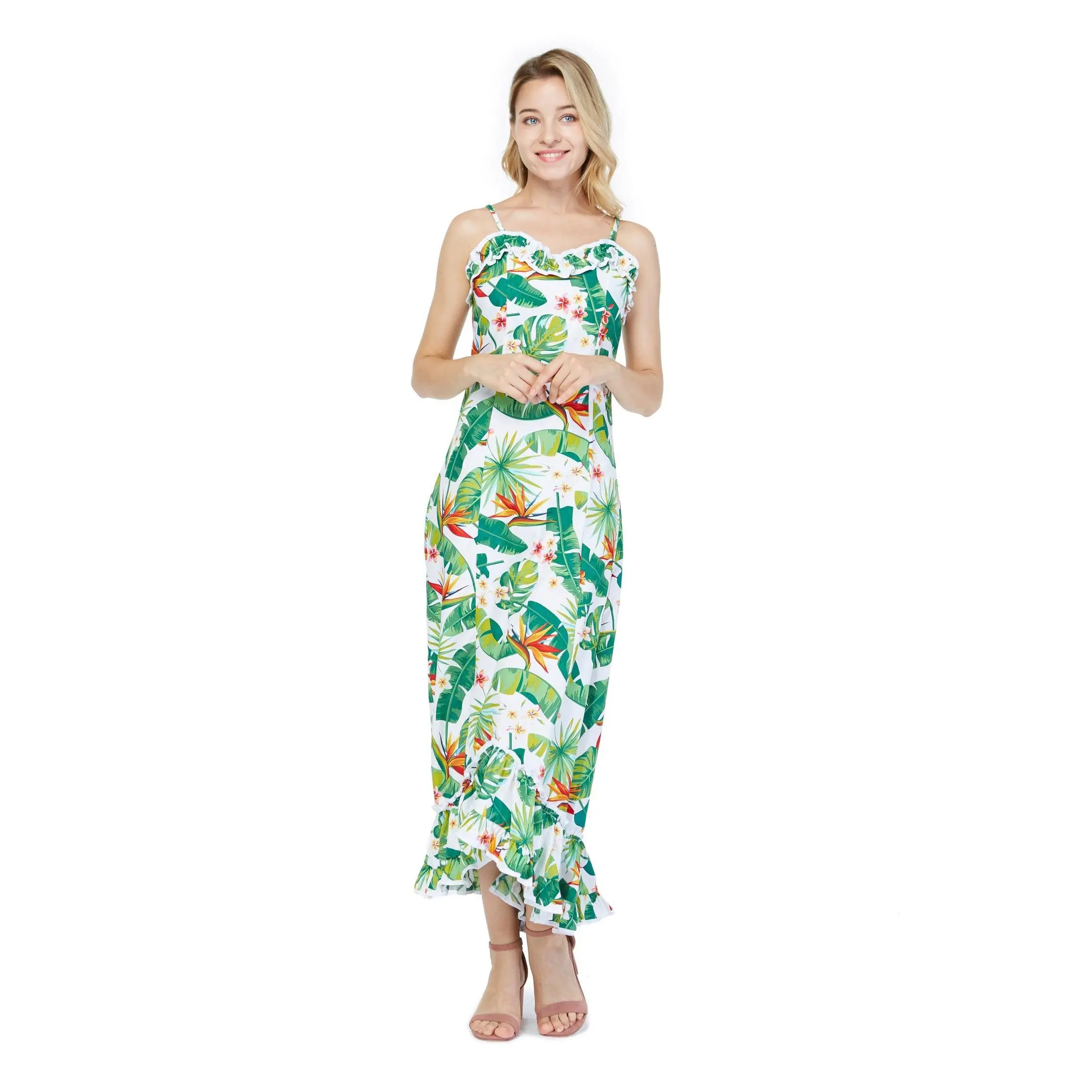 Women's Traditional Muumuu Ruffles Dress in Bird of Paradise White
