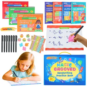 LumiKidz Reusable Grooved Handwriting Workbook for Kids, earing Materials, 7 Books-ary Elementary,Covers Math, Words,Drawing -Gift for children Lettering spiralNotebook school supplies