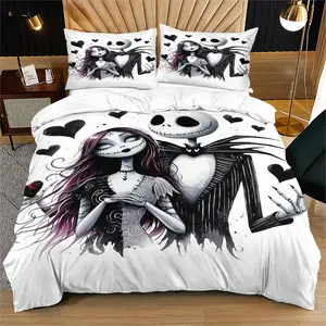 Dark Gothic Style Duvet Cover Set, Black and White Main Tone Skeleton Couple Full Print Bedding Set, Includes 1/2 Pillowcases - without Core, Soft and Comfortable, Warm and Skin-Friendly, Ideal for Gothic Style Lovers' Bedding Decor