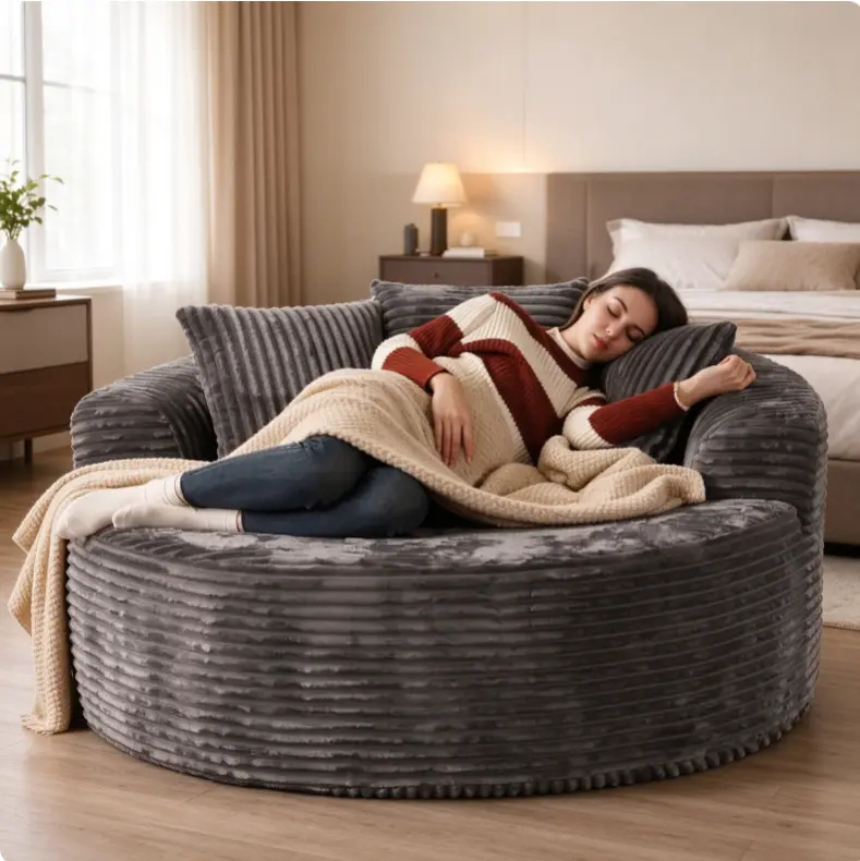 Oversized Round Sofa Bed, Plush Corduroy Bean Bag Lounge Chair with Deep Seat, Cloud Sleeper Couch with 3 Pillows, Comfy Floor Sofa for Living Room, Bedroom & Apartment, No Assembly Required
