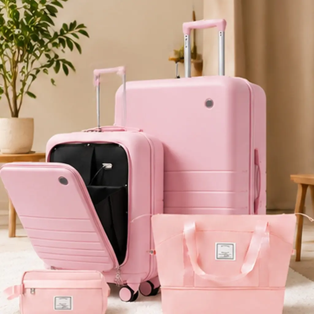 4-Piece Luggage Set with USB Charging Ports 20in Carry-On Front-Opening Laptop Compartment 28in Checked Suitcase TSA Lock Travel Duffel Bag Wet-Dry Toiletry Bag Pink ABS Hardshell Spinner Wheels for Travel, Pink Color Options