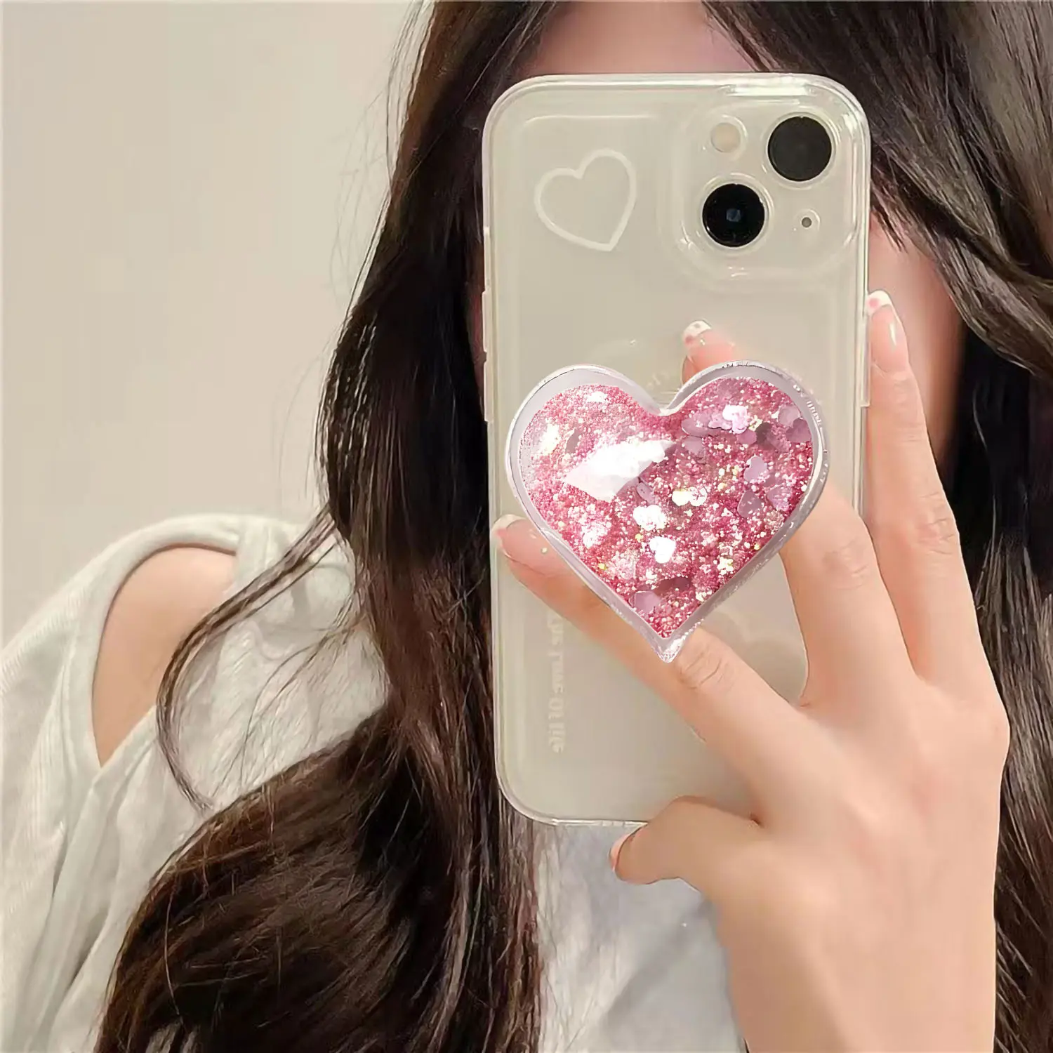 Cute Pink Heart-Shaped Expanding Phone Grip - Finger Snap Grip Holder for Kindle, iPhone - Quicksand Glitter Collapsible Phone Mount Holder Stand for Girls Women, Lovely Phone Charm and Accessories