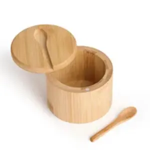 Wooden Salt Container with Lid, 6oz Kitchen Storage Box for Salt Pepper Sugar Seasoning Spices, Bamboo Spice Jar Canister with Spoon, Magnetic Rotating Cover, Spice Containers