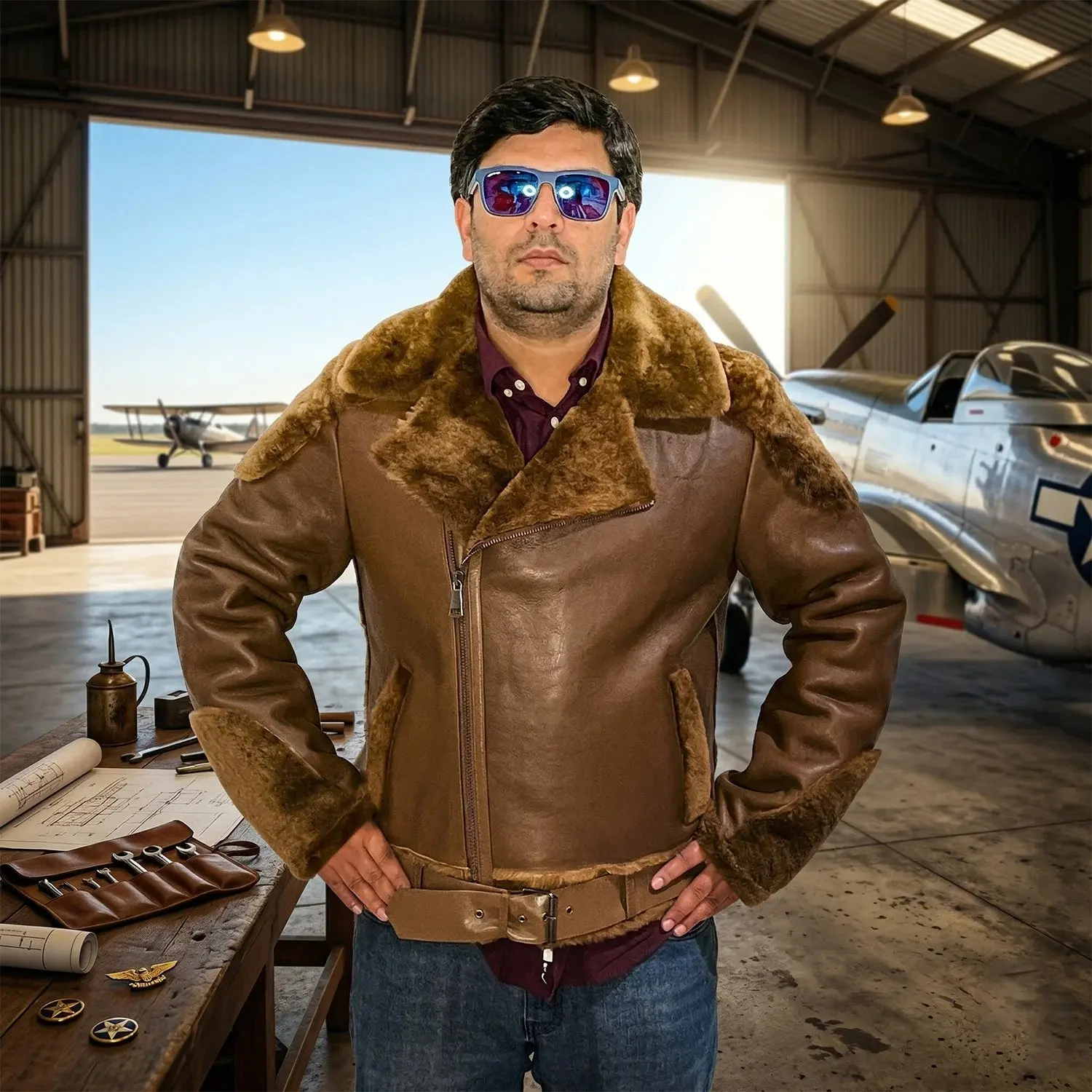Men’s RAF Real Sheepskin Shearling Leather Jacket – Aviator Style with genuine Detachable Hood and Belt (Aviator-B6)