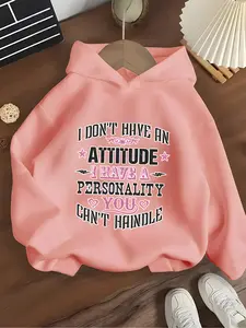 Girls' Hooded Sweatshirt with Attitude Statement, Casual Fitted Design, Comfortable Skin-Friendly Fabric, Show Your Style, Graphic Print Hoodie