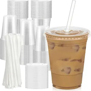 100-Piece Set of 12/16/24oz Clear Plastic Cups (Includes Lids and Straws) Durable and food-safe iced coffee cups, ideal for takeout cold beverages, smoothies, and slush drinks. Perfect for home use and coffee shops. Disposable Cups