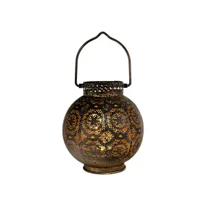 Battery-Operated Bronze Metal Lantern with Cut-Out Design and White Lights