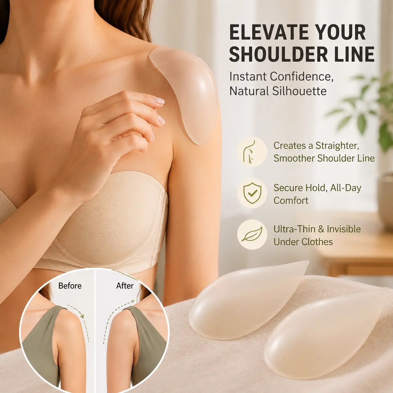 2 Counts Clear Silicone Shoulder Pads, Invisible Self-Adhesive Washable Inserts with Ergonomic Curve for Daily Clothing Outfit Styling