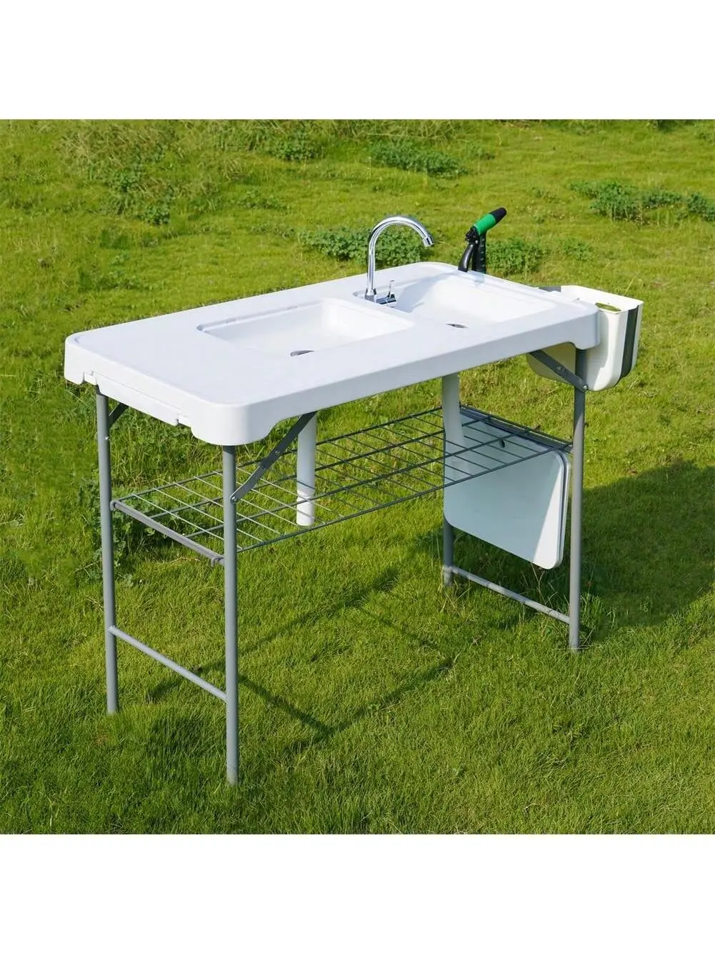 Garvee Folding Fish Cleaning Table With 2 Foldable Sinks, 42.5'' Portable Camping Sink Table With Foldable Faucet, Drainage Hose, Sprayer, Storage Box & Grooves, Outdoor Fillet Station For Picnic