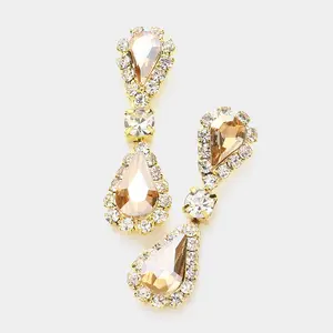 Gold Double Teardrop Rhinestone Accented Small Pageant Earrings | Little Girl Earrings |  512672