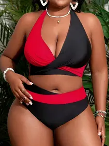 Plus Size Colorblock Bikini Set, Casual Swim Top & Swim Bottom Two-piece Swimsuit for Summer, Women's Swimwear for Beach Holiday Vacation, Halter Top Swimwear, Tankini Swimwear, Tankini Swimsuits Women