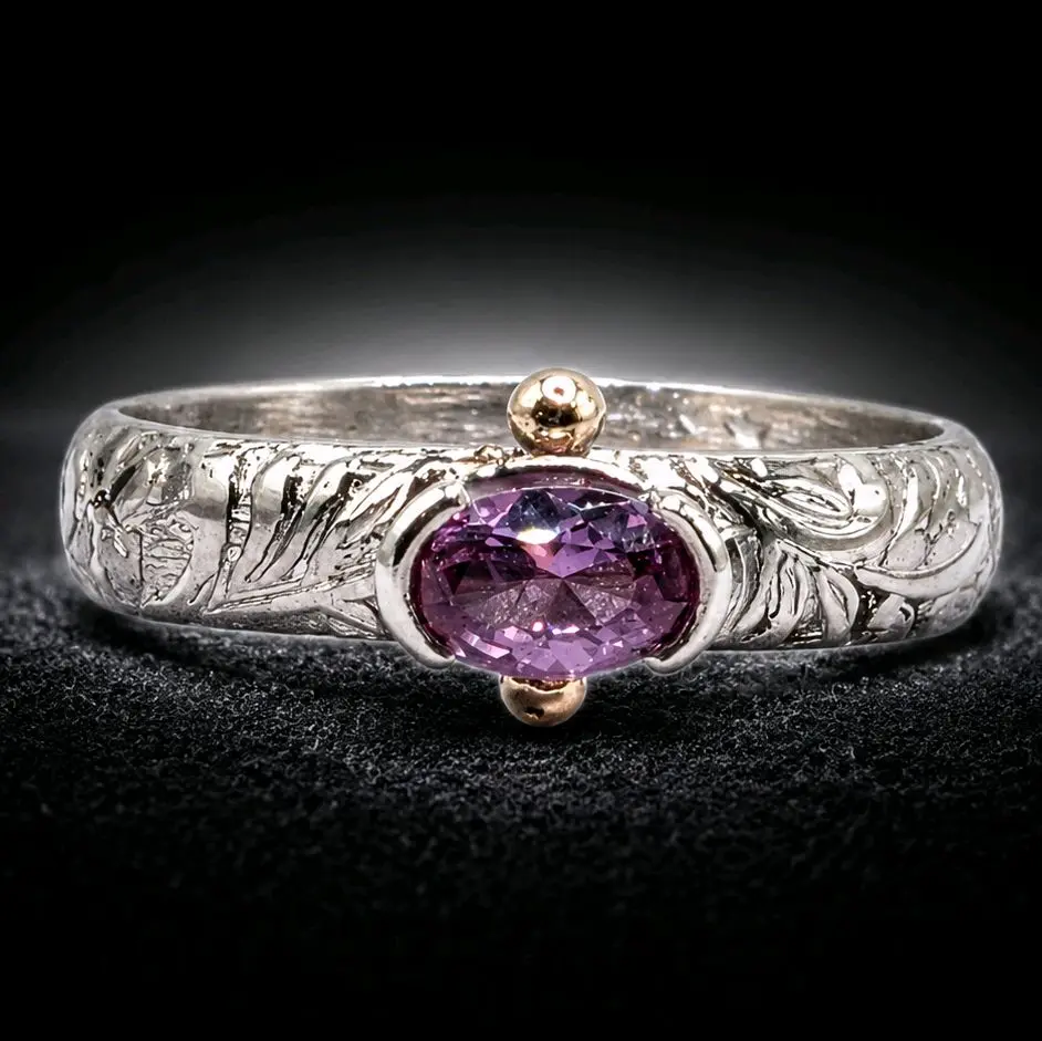 The Violet Florentine - 925 Sterling Silver Lab Alexandrite Ring | Oval Cut | 10K Gold Accents | Floral Engraved Band | Size 7 | Handmade Custom  Textured Birthstone Silver Promise Ring Women  Color Changing Alexandrite Ring