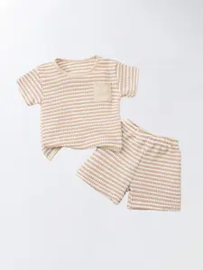 Boys Summer Striped Two-Piece Set, Round Neck Short Sleeve Top, Elastic Waist Shorts, Simple Comfortable, Striped Sets, Clothes Kids
