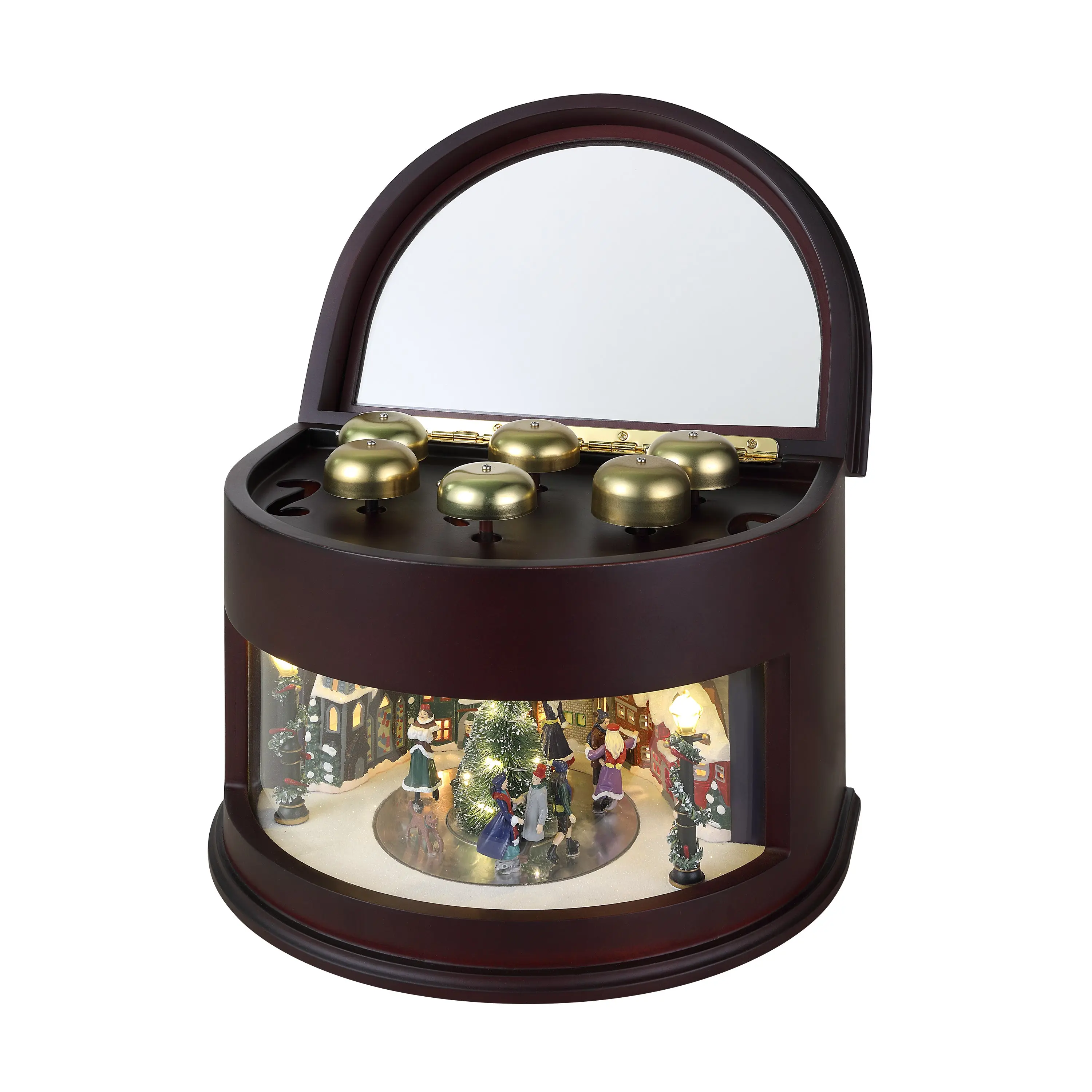 Magical Animated Bell Symphony Wood Music Box, Home Decor Ornaments with Bells and Songs for Living Room Skating-Themed Display