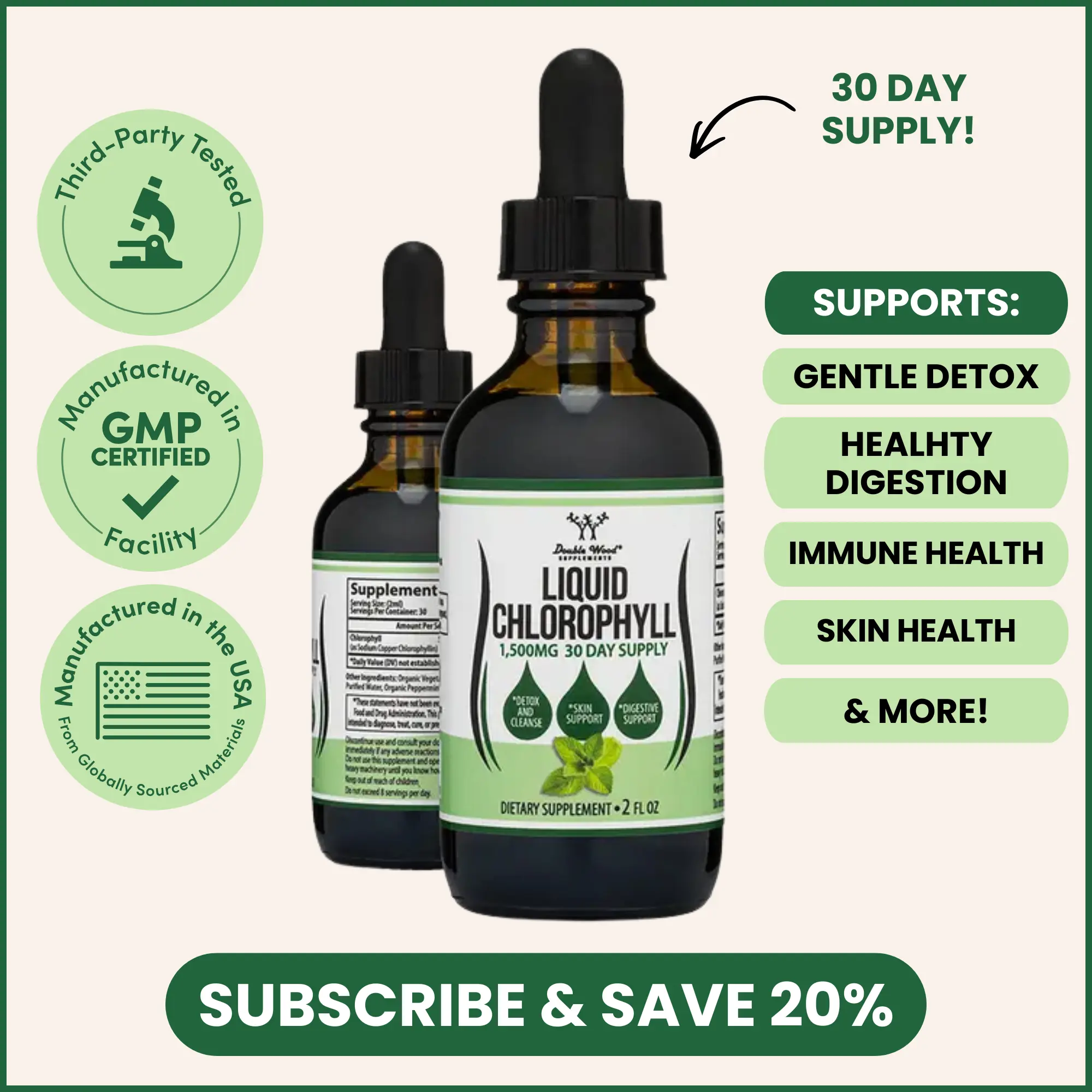 Liquid Chlorophyll Supplement | 1500 mg | 30 Days Supply | Promotes Natural Sustained Energy, Healthy Digestion | Support Natural Detoxification, Immune Health | Double Wood Supplements