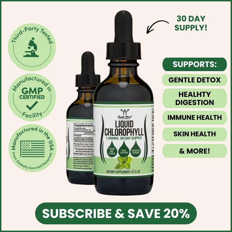 Liquid Chlorophyll Supplement | 1500 mg | 30 Days Supply | Promotes Natural Sustained Energy, Healthy Digestion | Support Natural Detoxification, Immune Health | Double Wood Supplements