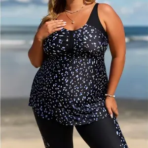 Women's 2026 New Plus Size Tankini Swimsuit 2-Piece Set, Nylon Blend Sunproof Modest Swimwear with Rash Guard Relaxed-Fit Flowy Swim Top & Capris Shorts, UPF 50+ Sun Protection, Two Piece Set
