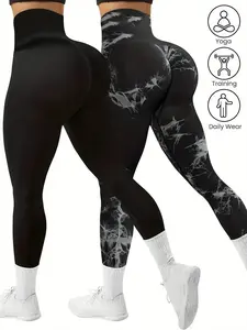 2 Pack  Tie Dye & Plain  High Waisted Comfortable Breathable Workout Leggings for Women - Scrunch Rear Lifting Tummy Control Yoga Gym Athletic Pants