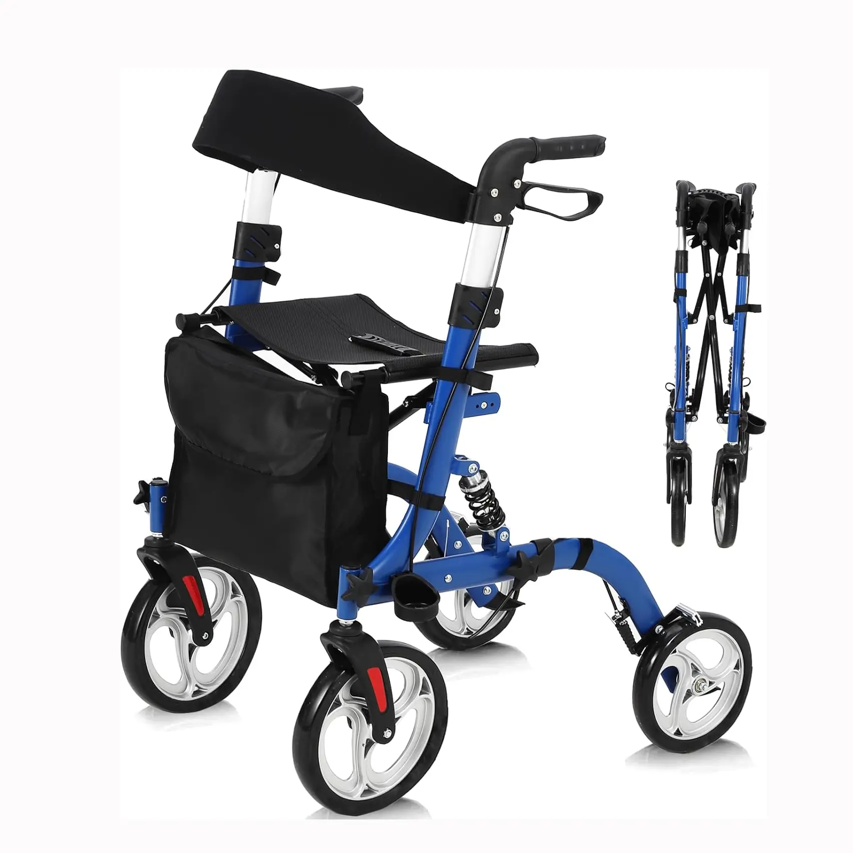 Walker for Seniors, Rollator Walker with Seat, Shock Absorber, 12" Rubber Wheels All Terrain Rollator Chair, Lightweight Aluminum Rollator with Backrest Outdoor Foldable Adjustable Height for Seniors