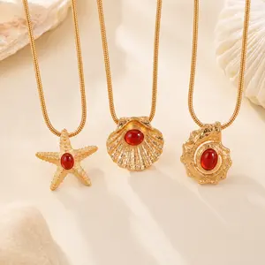 Ocean Starfish Shell Necklace, Red Agate Snake Chain, Irregular Geometric Pendant Jewelry for Women