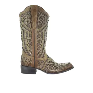 Corral Boots Womens Glitter Tooled-Inlay Square Toe Pull On  Casual Boots Mid Calf Low Heel 1-2" - Brown