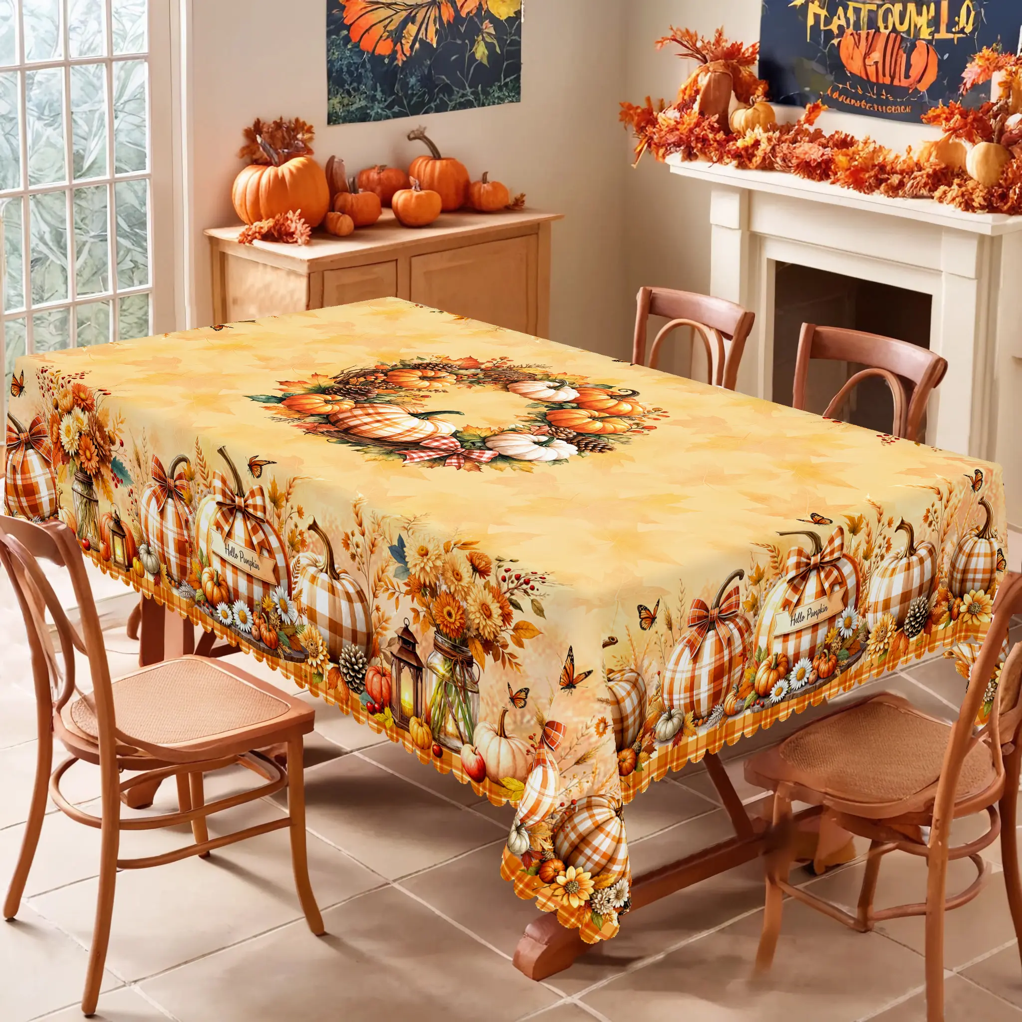 PLUMLIK Polyester Vibrant Fall Tablecloth-BQ026, Rectangle, Country Rustic Farmhouse Style, 55x70/60x86 Inches, Plaid Pumpkins/Sunflower Patterns, Autumn Yellow, Machine Washable, Thanksgiving Decor, Indoor-Outdoor Use, Holiday